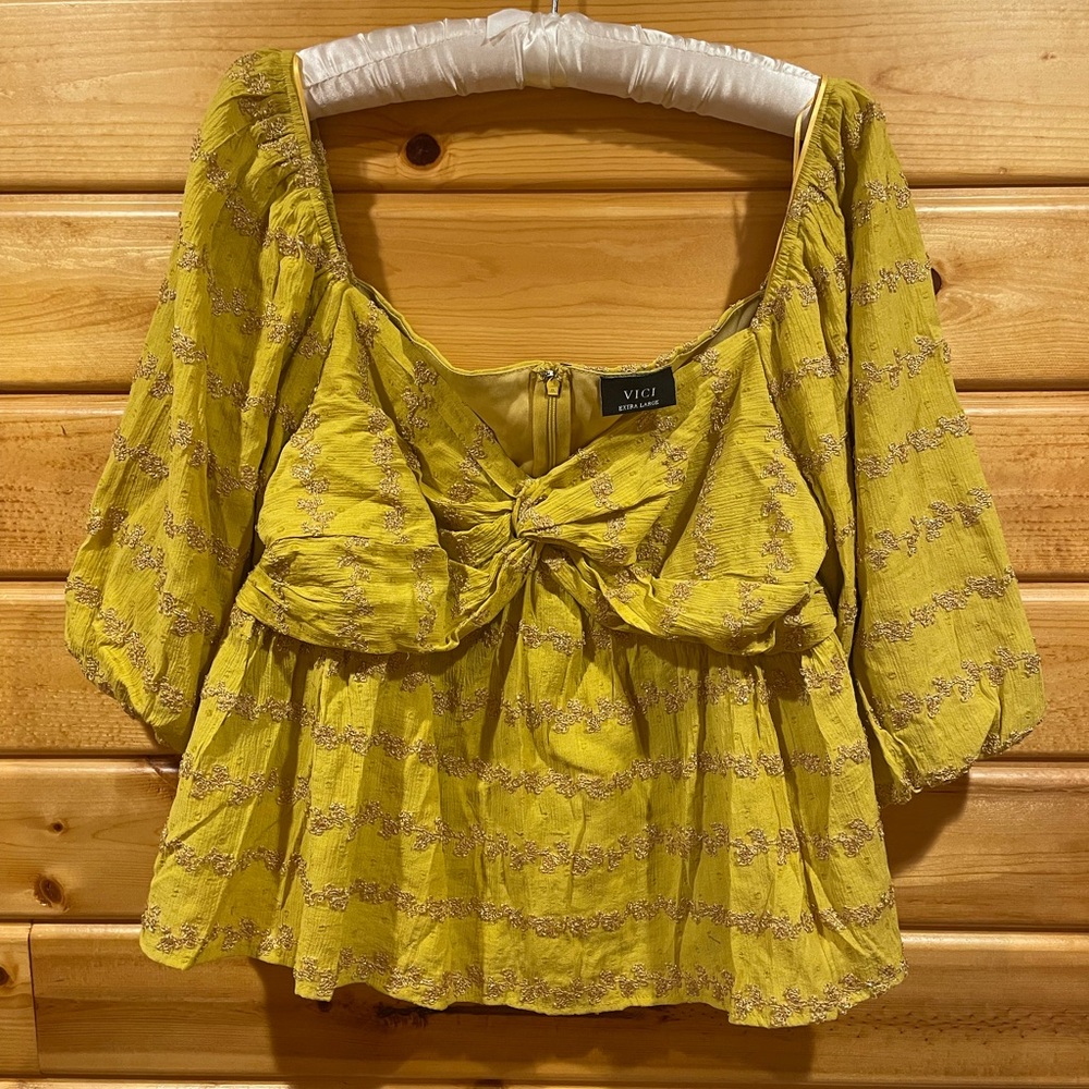 Vici Yellow Boho Babydoll Crop Top with Puff Sleeves X-Large